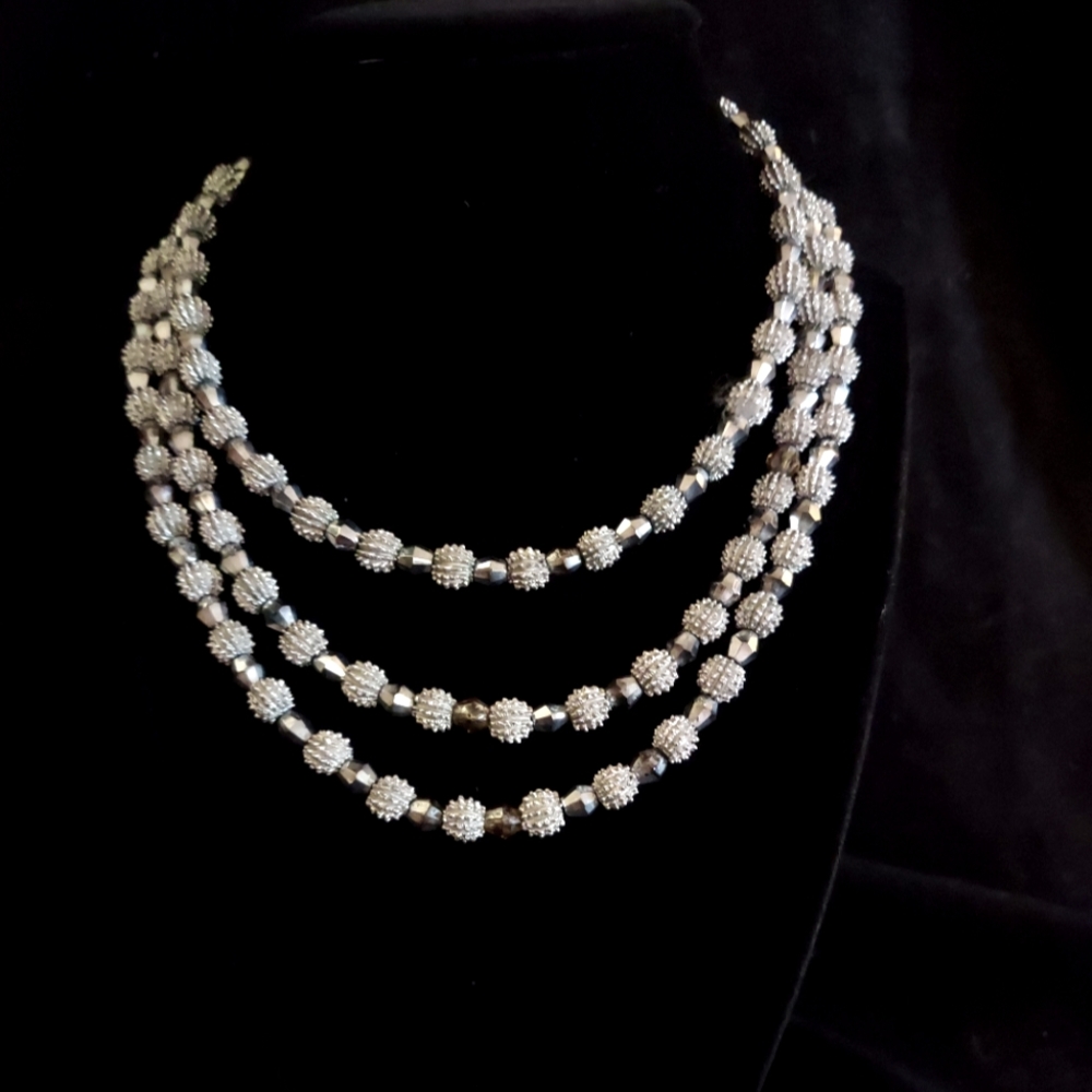 Vintage 1950s Crown Trifari 3 Strand Silver Tone Necklace Textured Metal Beads